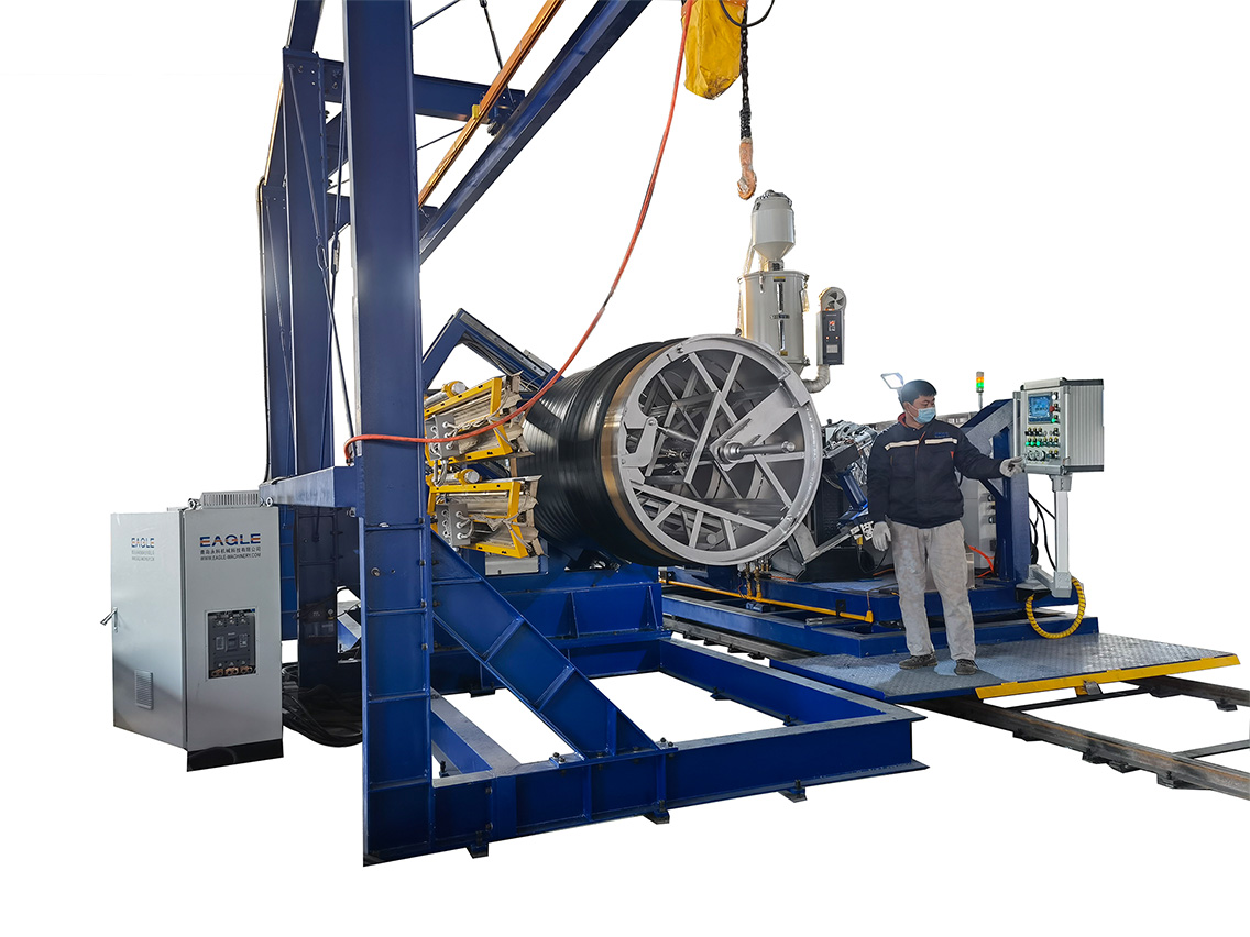 krah,bauku machine,hdpe fittings, hdpe stub end, hdpe pipe fittings Large diameter HDPE fitting winding machine performing helical extrusion for structured wall pipes